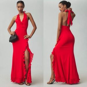 NWT Anthropologie Dress The Population Kathleen Halter Ruffled Maxi Dress Red